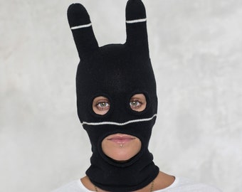 SOCKY BALACLAVA -Black White Striped Ski Mask for Men and Women - Halloween Surreal Knit Hat - Knit Beanie w/ Ears - Stuffed Ears -Xmas Gift