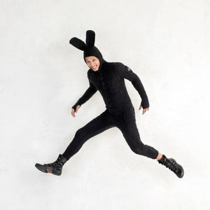 BLACK FUZZY BUNNY Costume - Black Snow Bunny Unisex Onesie  - Acrylic Knit -Bendable Ears - Fluffy Rabbit Tail -Cozy Soft Warm Winter Outfit