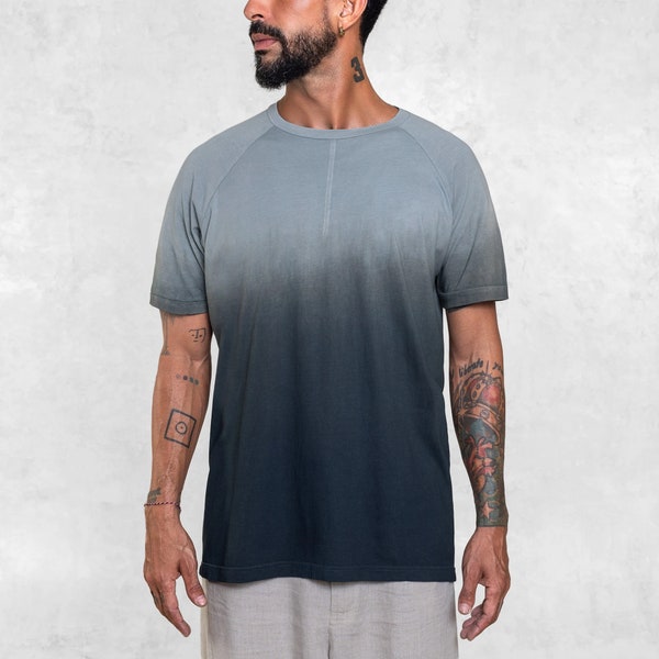 DUSK TEE - Natural Dye - Men's Modern Dark Blue Gray Ombre T-Shirt -Supima Cotton w/ Stitching  -Menswear -Post Apocalyptic -Streetwear Gift