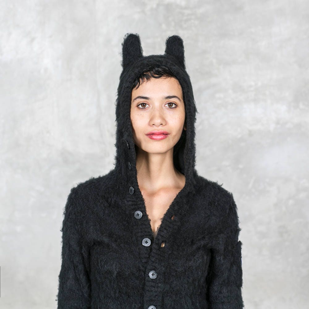 Black Fuzzy Knit Onesie: Rabbit Ears, Pockets, Fireman's Flap - Etsy