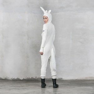 Sale WHITE UNICORN Jumpsuit Unisex Magical Warm Halloween Onesie Knit Animal Onesie White Unicorn Costume w/Horn & Mane Holiday Gift image 4