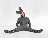 GRAY BUNNY Onesie - Cozy Rabbit Unisex Jumpsuit  - Bendable Bunny Ears, Fluffy Tail -Adorable Handmade Matching Outfits for Holiday Pictures