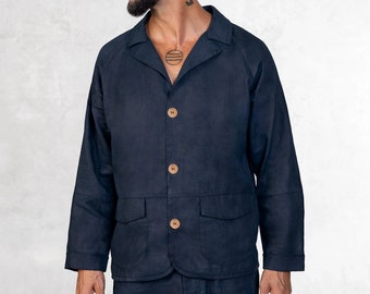 Indigo LEINEN JACKE - Indigo Blue Linen Button Up Japanisch inspirierte Streetwear Tailored Blazer Jacke - Handbemaltes Leinen - Casual Wear