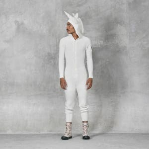 Sale WHITE UNICORN Jumpsuit Unisex Magical Warm Halloween Onesie Knit Animal Onesie White Unicorn Costume w/Horn & Mane Holiday Gift image 3