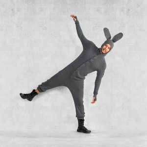 GRAY BUNNY One Piece Cozy Knit Rabbit Jumpsuit  - With Flexible Bunny Ears, Fluffy Tail - Adorable Handmade Designer Costume - MIsfit Sale!