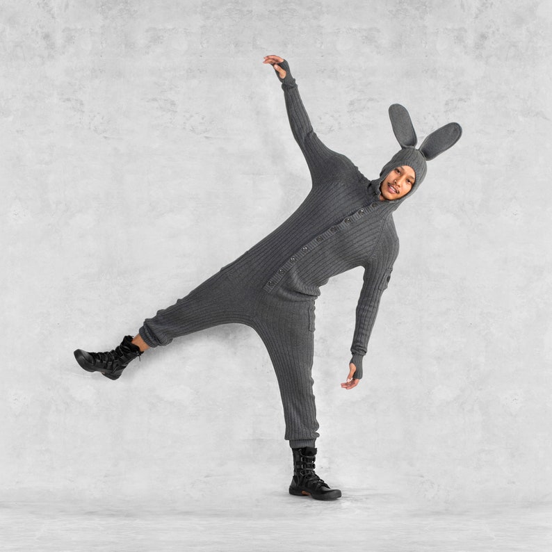 GRAY BUNNY Onesie Cozy Rabbit Unisex Jumpsuit Bendable Bunny Ears, Fluffy Tail Adorable Handmade Matching Outfits for Holiday Pictures image 3