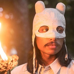 White Aviator Mask – Stretch Canvas Hat with Adjustable Strap & Horns – ROO