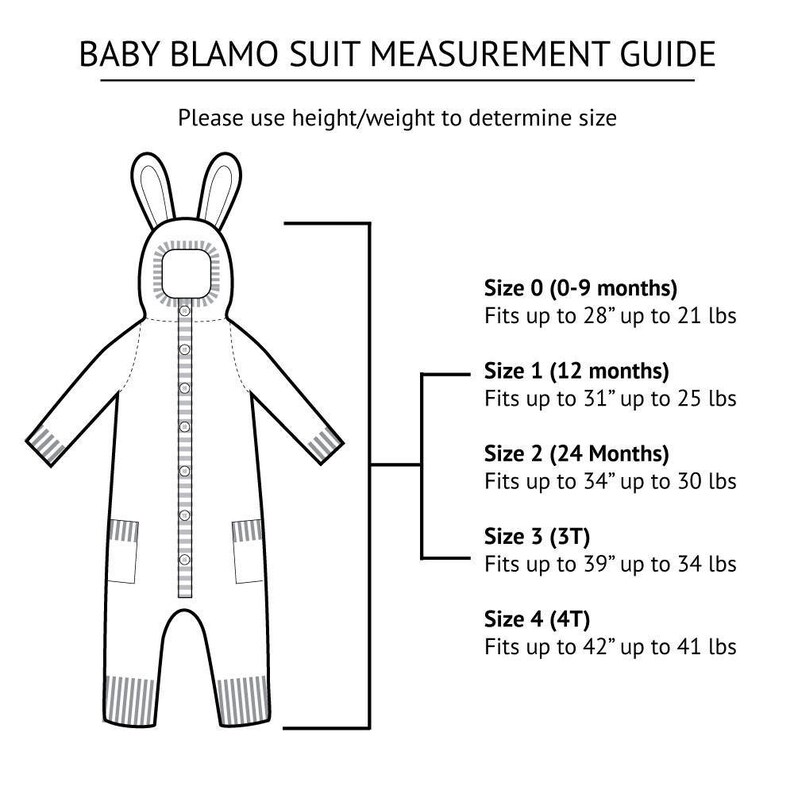 May include: A white baby jumpsuit with a bunny ear hood, pockets, and button closure. The image includes a measurement guide with sizes ranging from 0-9 months to 4T, indicating height and weight ranges in inches and pounds for each size. The text reads "BABY BLAMO SUIT MEASUREMENT GUIDE."