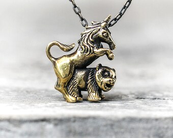 Unihorny Necklace – Solid Brass Unicorn and Panda Pendant – Handmade Art Jewelry by Blamo