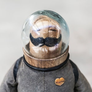 COLONEL STACHE O'HAIR Hand Dyed Gray and Black Canvas & Leather Toy Art w/ Teak Face Brass Inlaid Teak Moon Boots Gloves Astronaut Gift image 3