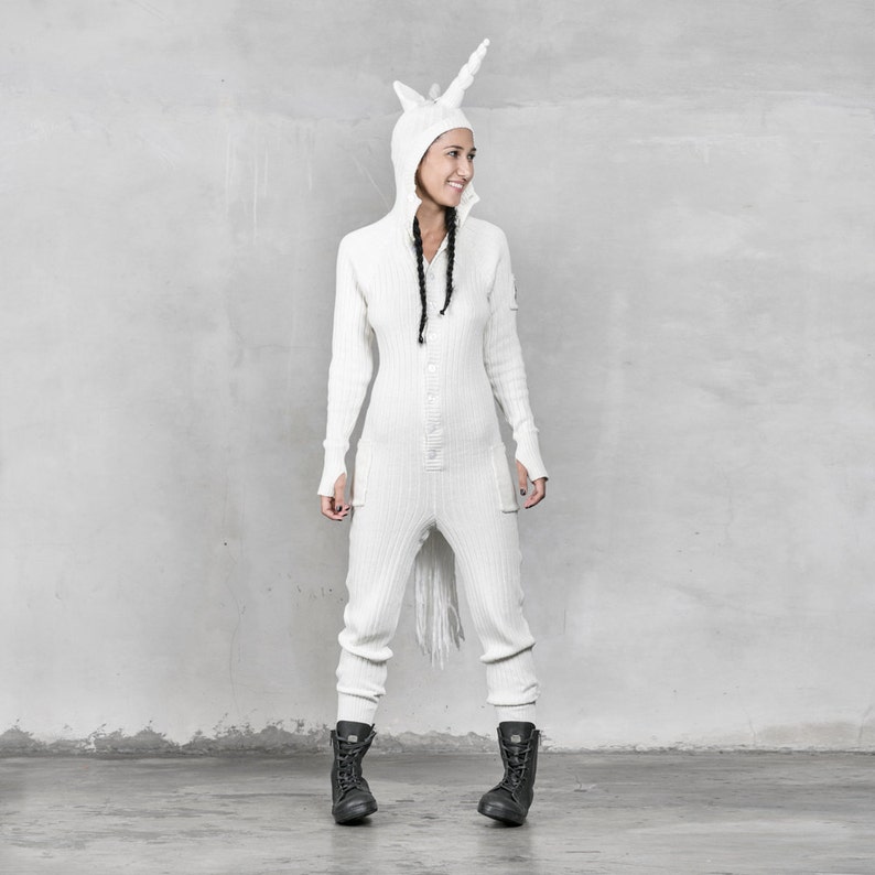Sale WHITE UNICORN Jumpsuit Unisex Magical Warm Halloween Onesie Knit Animal Onesie White Unicorn Costume w/Horn & Mane Holiday Gift image 2