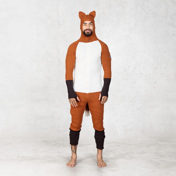 Dark Orange Fox Knit Onesie: Unisex Halloween Costume With Pockets