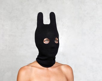 SOCKY BLACK BALACLAVA -Máscara de snowboard -Máscara de esquí con orejas rellenas -Máscara de animal de Halloween de conejito-Pasamontañas de punto de algodón hecho a mano -Gorro de festival