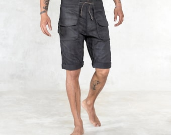 GRIT MEN'S SHORTS - Black Walnut Hand Painted Stretch Twill Cotton -6 Pocket Cargo Shorts -Designer Streetwear - Handmade Gift for man
