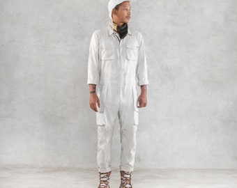 GORDON - Weißer Arbeits-Jumpsuit - Einteiler - Langlebige Stretch-Canvas - Ethisch Handgemachter Herren-Overall - Bemalter Overall- Geschenkidee