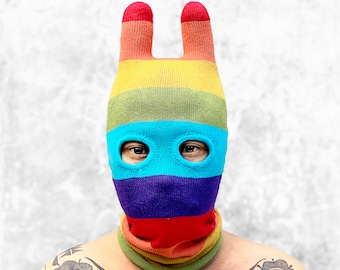 Rainbow Striped Knit Balaclava with Ears - Cotton Unisex Mask