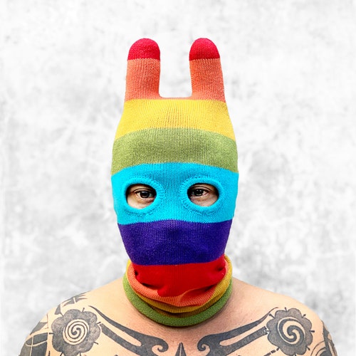 Rainbow Striped Knit Balaclava With Ears - Cotton Unisex Mask - Etsy