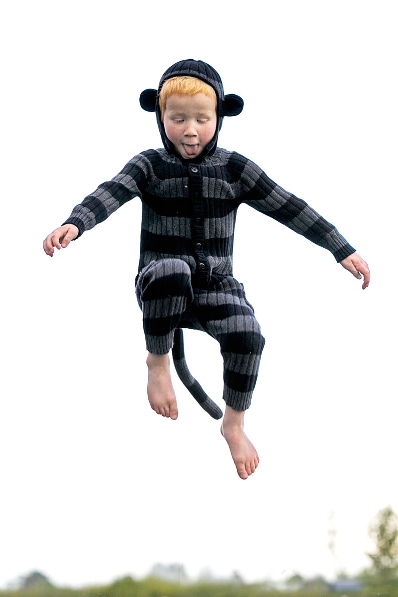 MONKEY Costume for Toddlers Black & Gray Striped Monkey Onesie Handmade Cotton Romper Cozy Kids Monkey Costume Cute Gift For Babies image 3