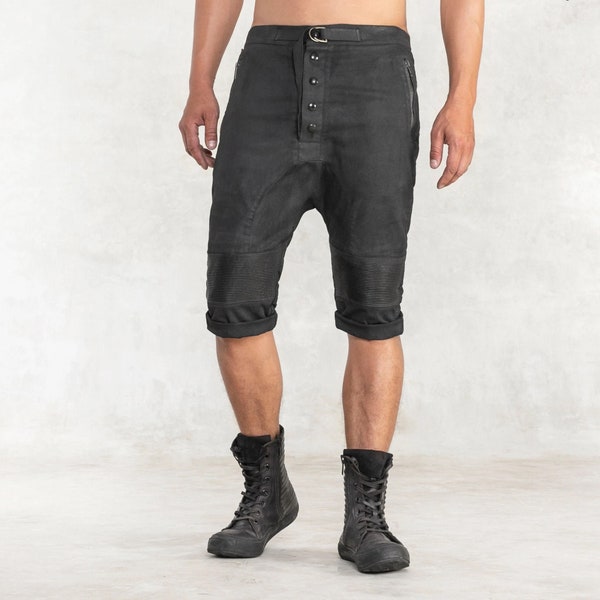 TORRENT MENS BLACK Shorts - Industrial Hand Painted Stretch Canvas - Leather Ribbed Knees - Fashionable shorts -Brass Key Loop -Mad Max Moto