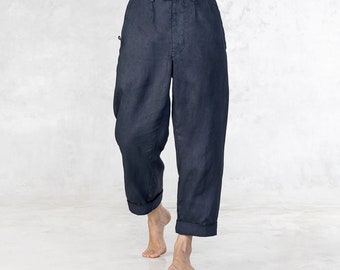 METEOR LINEN Hose mit Knopf Taille - Klassische Indigo Blaue Leinenhose für Damen - Leinenanzughose mit Taschen - Japanischer Stil Streetwear - Geschenk