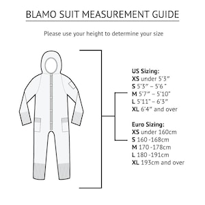 May include: A white jumpsuit with a hood and pockets, accompanied by a measurement guide. The guide provides US sizing based on height, with sizes ranging from XS (under 5'3") to XL (6'4" and over). The text reads "BLAMO SUIT MEASUREMENT GUIDE".