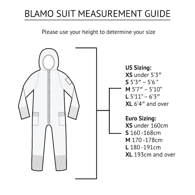 May include: A white jumpsuit with a hood and pockets, accompanied by a measurement guide. The guide provides US sizing based on height, with sizes ranging from XS (under 5'3") to XL (6'4" and over). The text reads "BLAMO SUIT MEASUREMENT GUIDE".