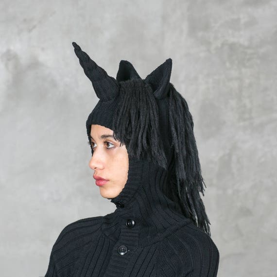 BLACK UNICORN ONESIE for Men and Women Hand Knit With Horn 3