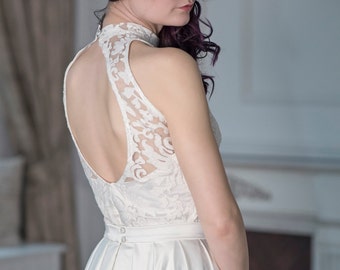 READY TO SHIP: keyhole back bridal top / lace and satin bridal top / open back bridal top / open back lace bridal top