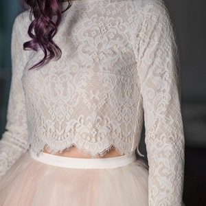 Magnolia - Braut Crop Top / Langarm Crop Top / Gefüttert Braut Top / Royal Muster Spitzentop / Spitze Crop Top / Braut Spitze Crop Top