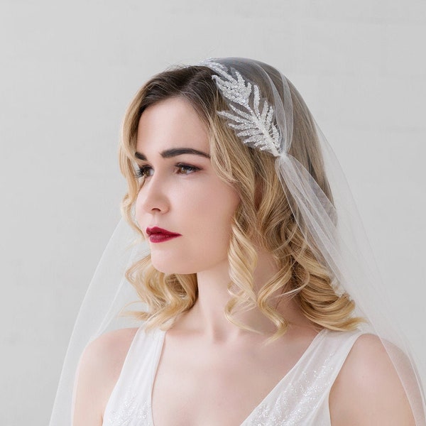 Helene - juliet cap veil with feathery leaves motif / silver glitter details veil / 1920s style veil in any length