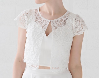 Fleur - bridal lace jacket with cap sleeves and front opening