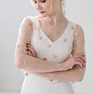 Astrea - bridal cover up with silver and gold sequin stars in light cream / celestial wedding jacket / celestial bridal topper / stars top