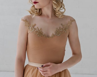 Millaray - off the shoulder illusion bridal bodysuit with gold details