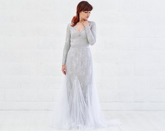 Indra - robe de mariée sirène en dentelle avec fond en tulle / robe de mariée en dentelle de couleur personnalisée / robe de mariée sirène / robe gris bleu dos ouvert