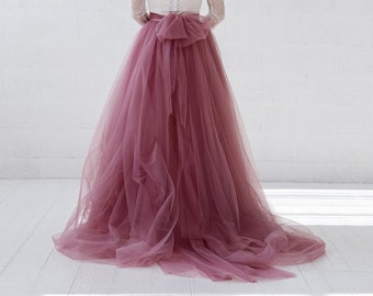 Belle - detachable tulle overskirt with a bow in the back / detachable berry color bridal over skirt / removable dusty pink tulle skirt