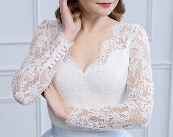 Monica - bridal lace bodysuit / wedding bodysuit top / sweetheart neckline bridal top / retro looking V neck bridal top / button sleeves top