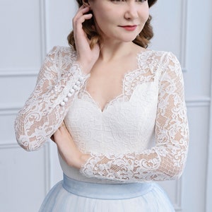 Monica - bridal lace bodysuit / wedding bodysuit top / sweetheart neckline bridal top / retro looking V neck bridal top / button sleeves top