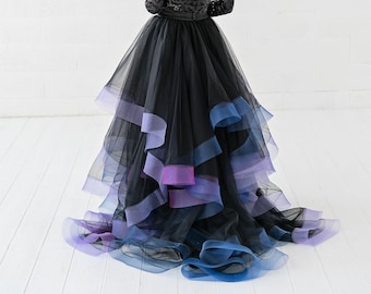 Borealis - tulle  skirt with horsehair braids / unique coloring tulle alternative bridal skirt / black tulle skirt with colors and train