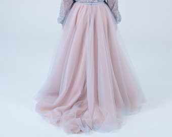 Soraya - voluminous dual color wedding skirt / dimensional bridal skirt / wide A line wedding tulle skirt / blue and blush color tulle skirt