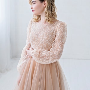 Soraya - poet sleeves bodysuit / open back bodysuit / bow back bridal top / celestial bridal top / stars lace wedding top / bishop sleeves