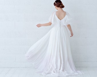 Tulia- cape sleeves chiffon wedding dress with ombre dip dyed bottom and pockets