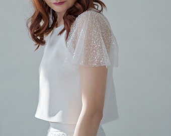 Francine - bridal crop top with wide beaded sheer sleeves