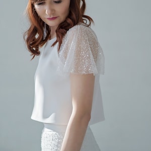 Francine - bridal crop top with wide beaded sheer sleeves
