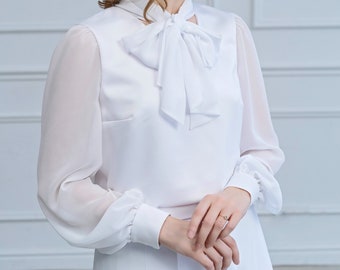 Valentina - loose fit blouse with a chiffon bow neckline and sheer chiffon sleeves