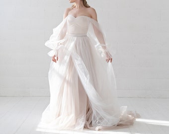 Gaia - off the shoulder wedding dress / balloon sleeves gown / corset bridal gown / tulle wedding dress / unique cold shoulder wedding dress