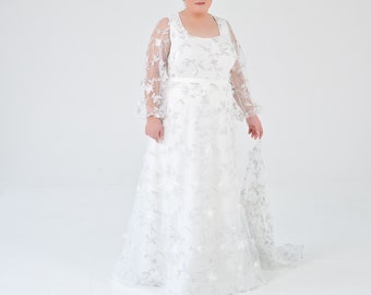 Azura - floral wedding dress / unique bridal gown / 3D floral wedding dress / bustle wedding dress / poet sleeves gown / bridal separates