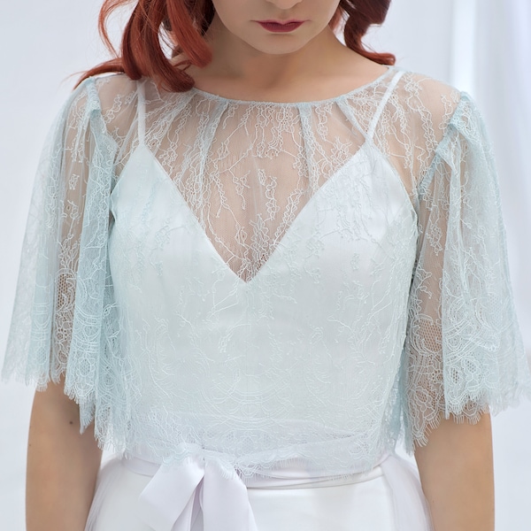 Vivian - flutter sleeves lace topper / bridal lace topper / lace jacket / bridal cover up  / something blue / flutter sleeves cover up