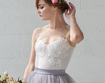 Eleonor - illusion neckline bridal bodysuit with lace embroidery