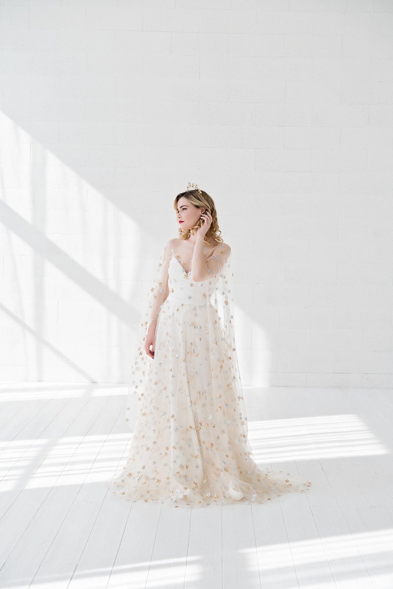 Estelle - celestial wedding skirt / bridal skirt with silver and gold sequin stars / unique wedding skirt in cream star tulle image 8