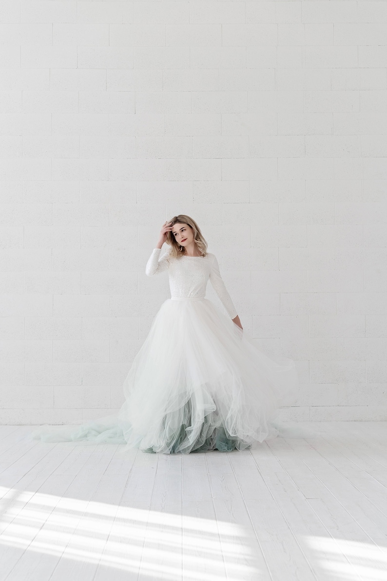 Raina ombre bridal skirt / tulle wedding skirt / bridal skirt / eucalyptus green bridal skirt / sage green tulle skirt with a long train image 1